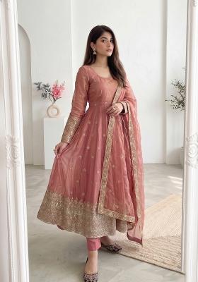 Peach Embroidered Silk Salwar Kameez