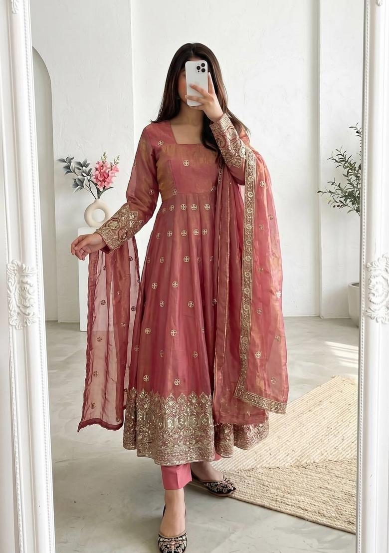 Peach Embroidered Silk Salwar Kameez - Indya