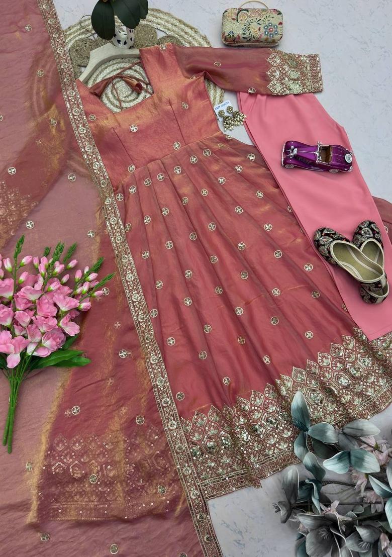 Peach Embroidered Silk Salwar Kameez - Indya