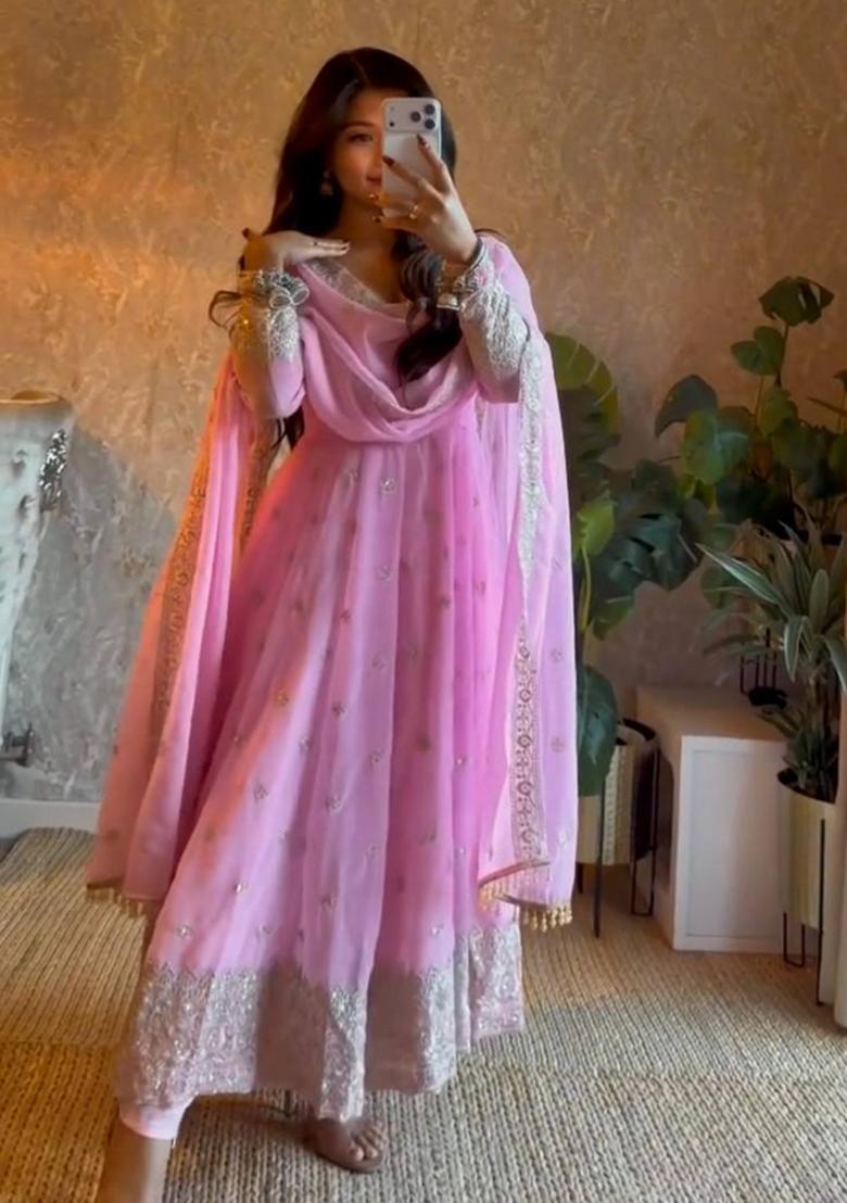 Baby Pink Embroidered Silk Salwar Kameez - Indya