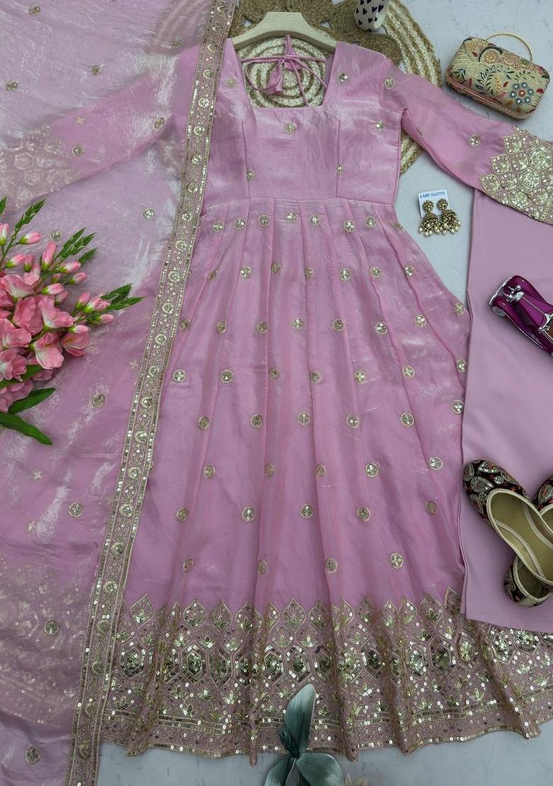 Baby Pink Embroidered Silk Salwar Kameez - Indya