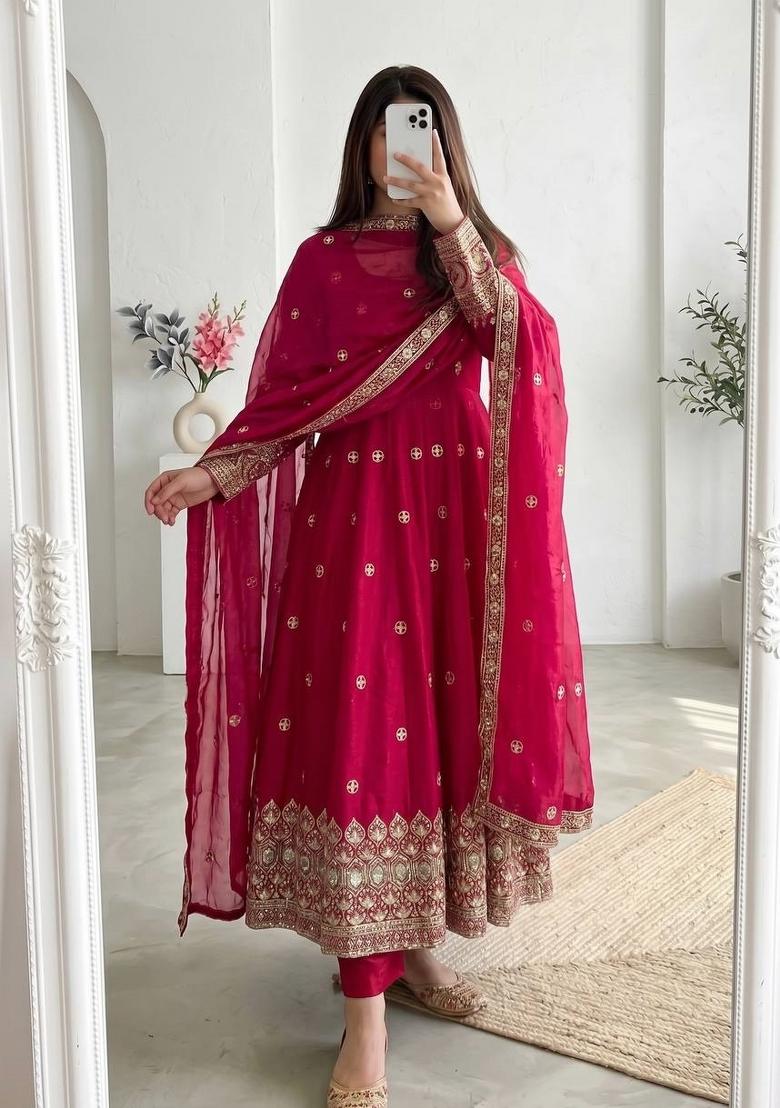 Rani Pink Embroidered Silk Salwar Kameez - Indya