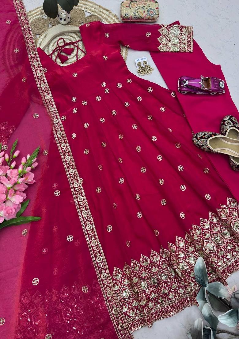 Rani Pink Embroidered Silk Salwar Kameez - Indya