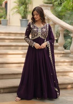Wine Embroidered Faux Blooming Kurta Set