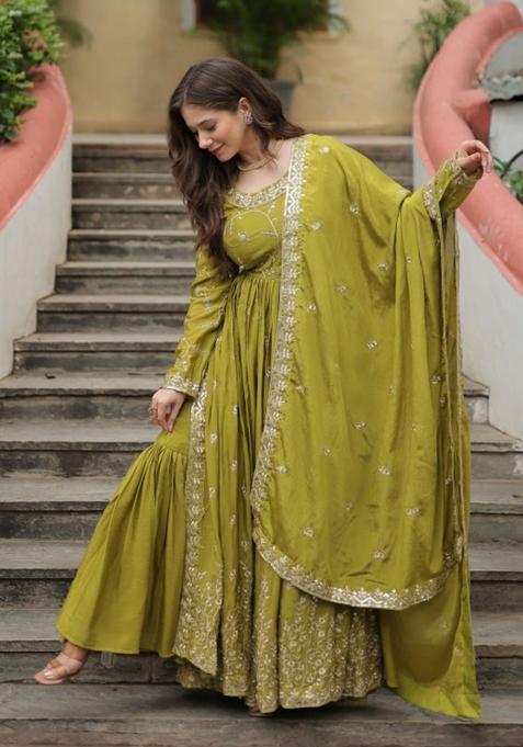 Parrot Embroidered Chinon Sharara Set