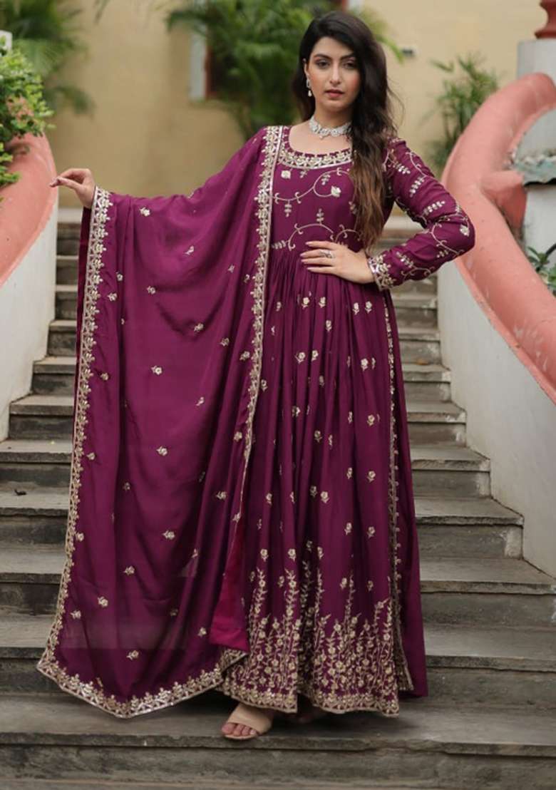 Wine Embroidered Chinon Sharara Set - Indya