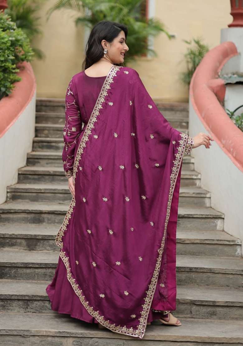 Wine Embroidered Chinon Sharara Set - Indya