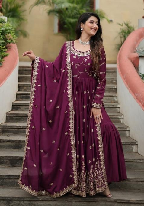 Wine Embroidered Chinon Sharara Set