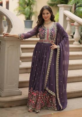 Purple Embroidered Faux Blooming Sharara Set