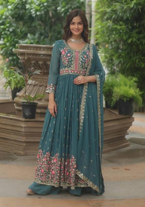 Blue Embroidered Faux Blooming Sharara Set