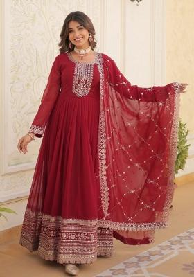 Maroon Embroidered Faux Blooming Kurta Set