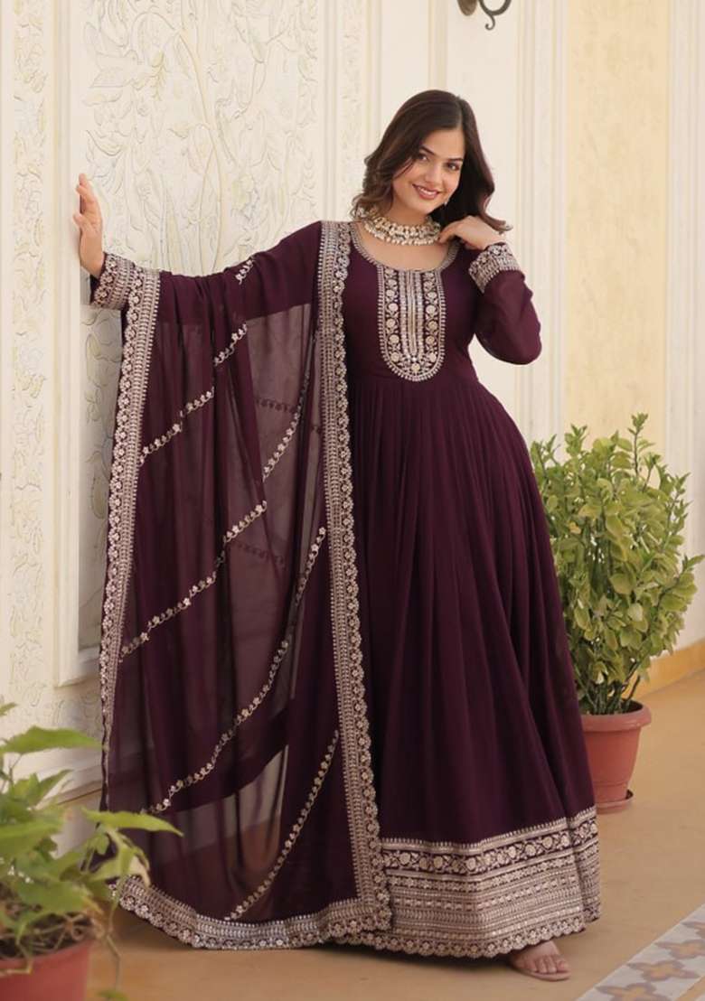 Maroon Embroidered Faux Blooming Kurta Set - Indya