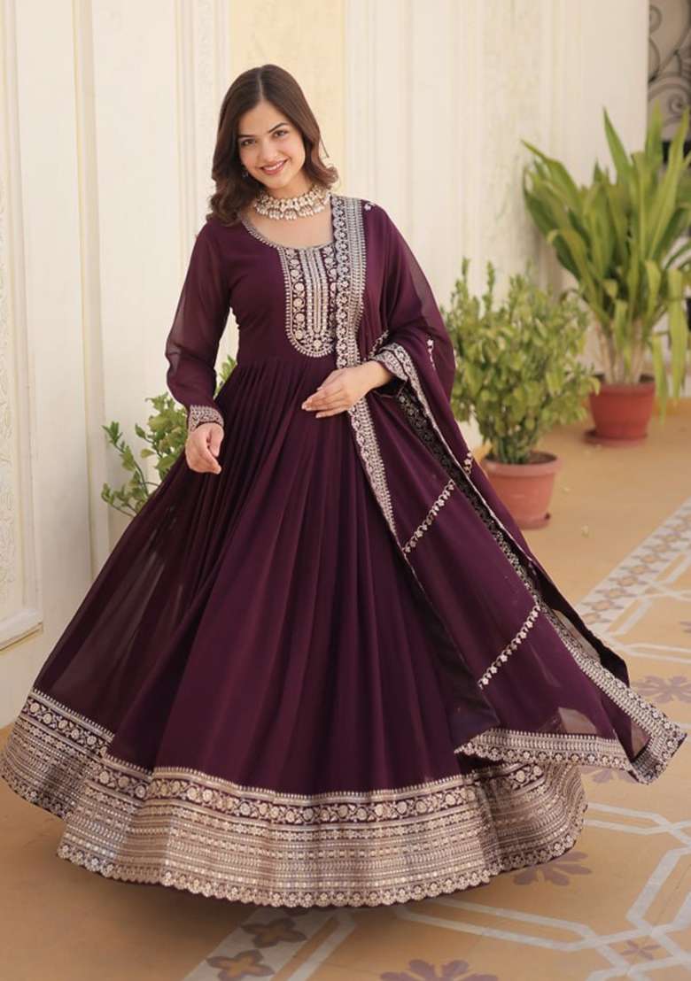Maroon Embroidered Faux Blooming Kurta Set - Indya