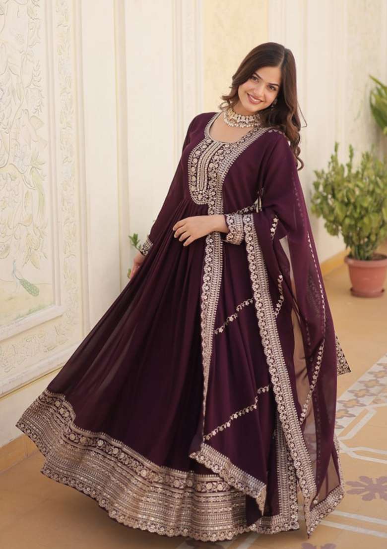 Maroon Embroidered Faux Blooming Kurta Set - Indya
