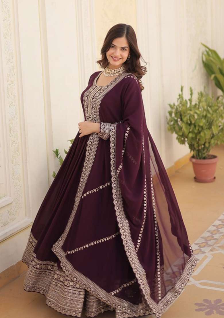 Maroon Embroidered Faux Blooming Kurta Set - Indya