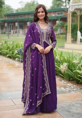 Purple Embroidered Faux Blooming Kurta Set