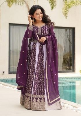 Purple Embroidered Faux Blooming Kurta Set