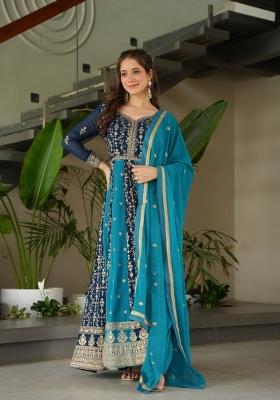 Blue Embroidered Faux Blooming Kurta Set