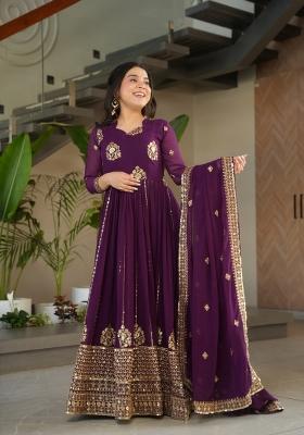 Purple Embroidered Faux Blooming Kurta Set