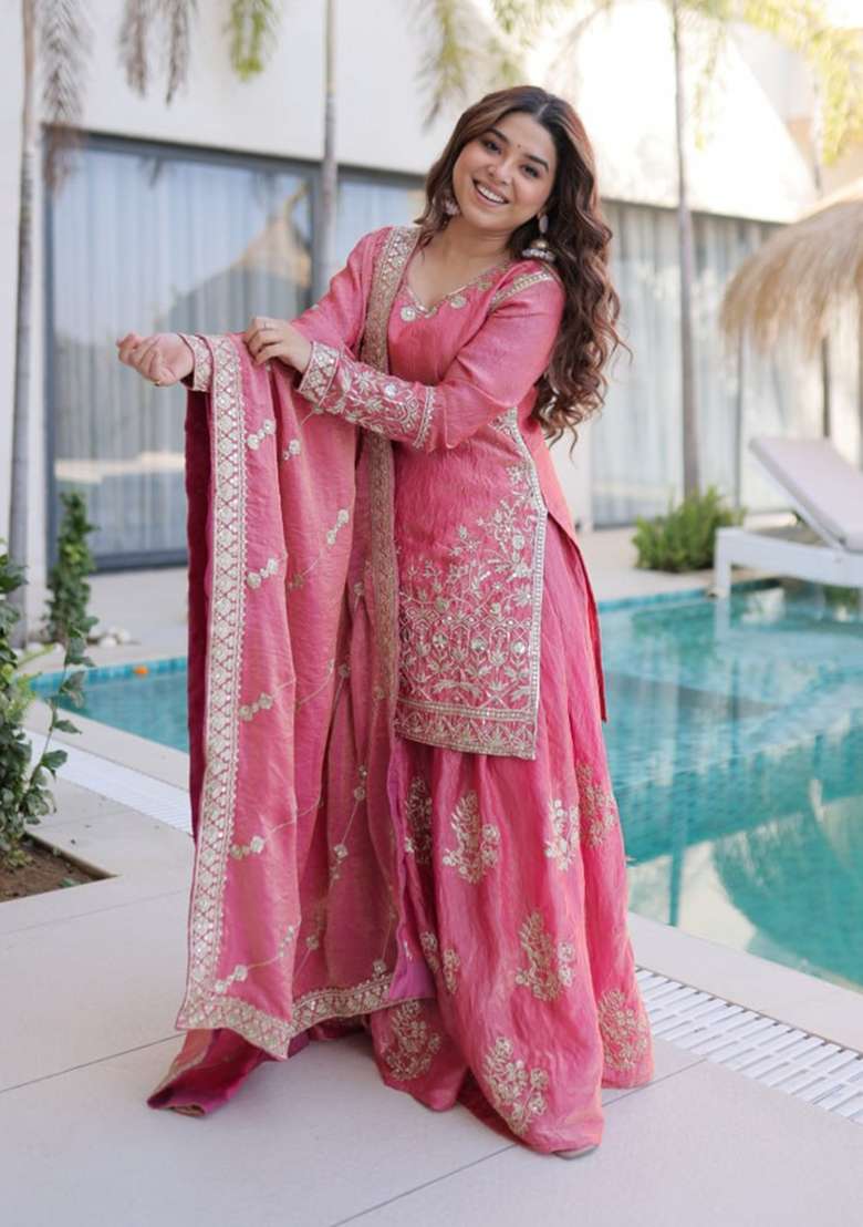 Peach Embroidered Fendi Sharara Set - Indya