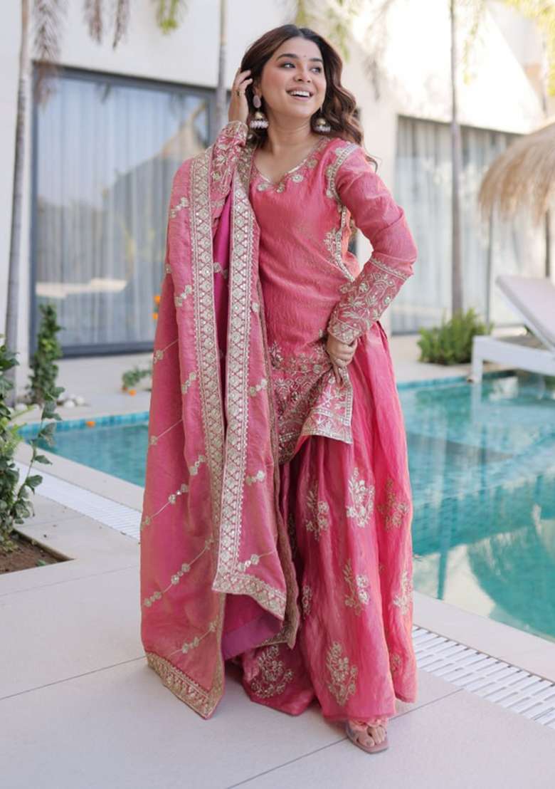 Peach Embroidered Fendi Sharara Set - Indya