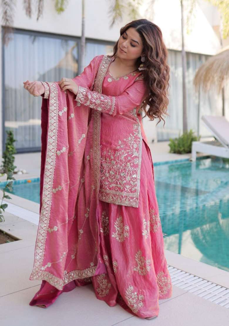 Peach Embroidered Fendi Sharara Set - Indya