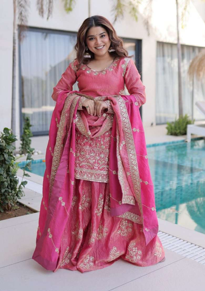 Peach Embroidered Fendi Sharara Set - Indya