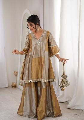 Golden And Silver Embroidered Tissue Kurta Set