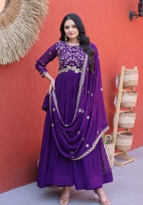 Purple Beads Work Faux Blooming Anarkali Set