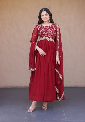 Maroon Beads Work Faux Blooming Anarkali Set