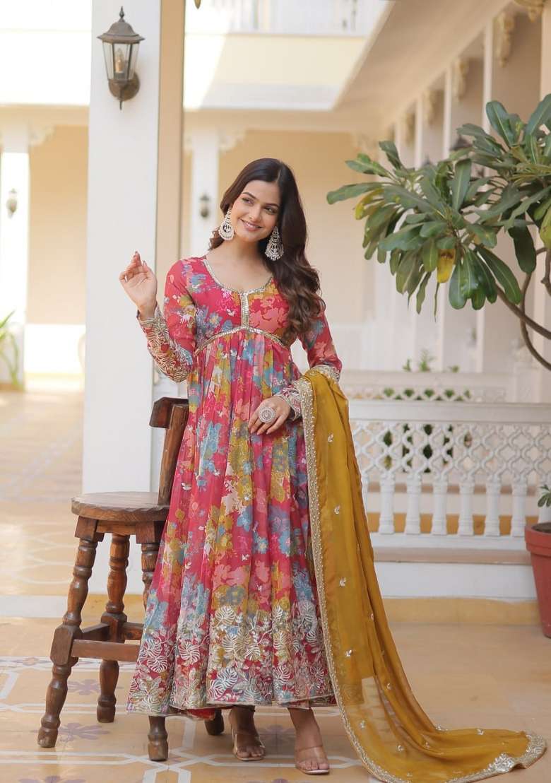 Red Embroidered Silk Anarkali Set - Indya