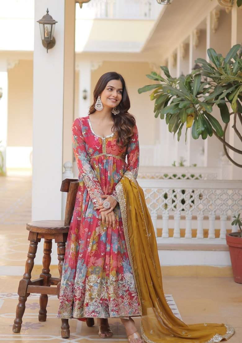 Red Embroidered Silk Anarkali Set - Indya