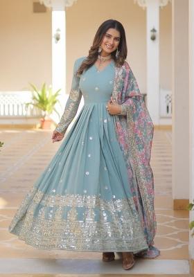Blue Embroidered Faux Blooming Anarkali Set