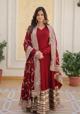 Red Embroidered Faux Blooming Anarkali Set