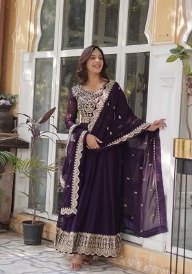 Purple Embroidered Faux Blooming Anarkali Set