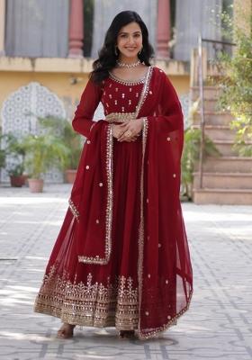 Red Embroidered Faux Blooming Anarkali Set