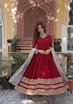 Red Embroidered Faux Blooming Anarkali Set