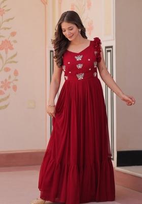 Maroon Beads Work Cotton Anarkali Set