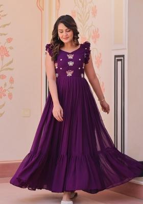Purple Beads Work Cotton Anarkali Set