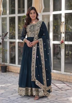 Blue Embroidered Faux Blooming Anarkali Set