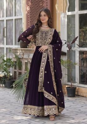Purple Embroidered Faux Blooming Anarkali Set