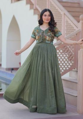 Onion Embroidered Silver Crunchy Anarkali Set