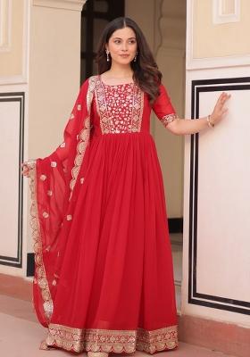 Red Embroidered Faux Blooming Anarkali Set