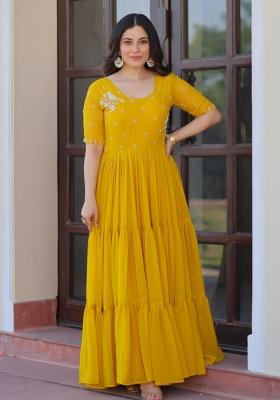 Yellow Beads Work Faux Blooming Anarkali Set