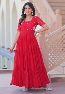 Red Beads Work Faux Blooming Anarkali Set