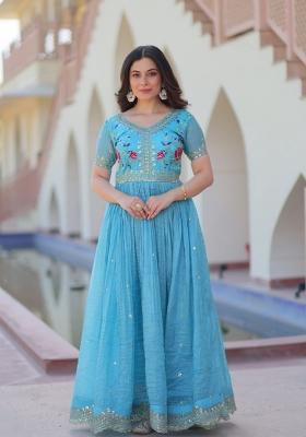 Blue Embroidered Gold Crush Anarkali Set