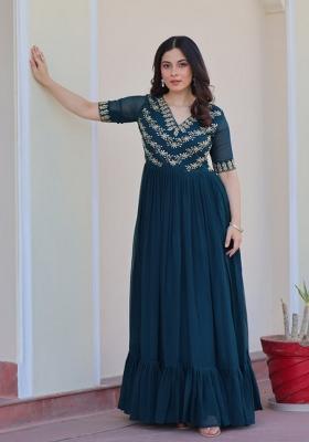 Rama Beads Work Faux Blooming Anarkali Set