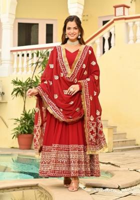 Red Embroidered Faux Blooming Anarkali Set