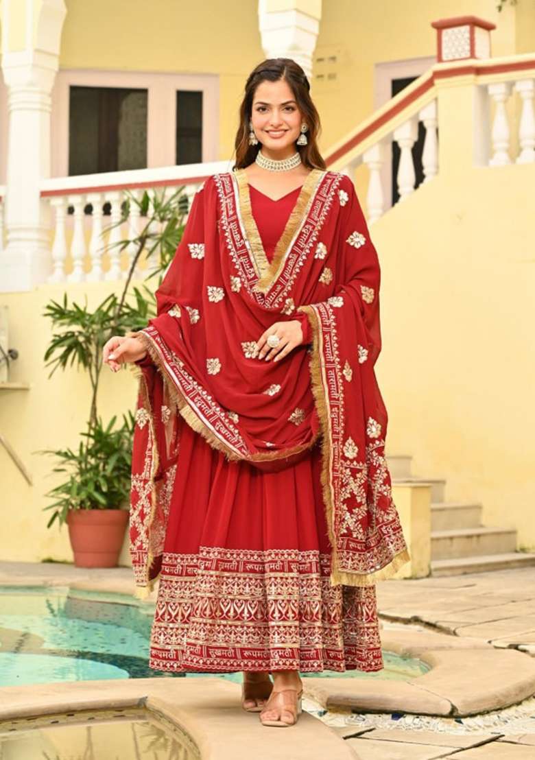 Red Embroidered Faux Blooming Anarkali Set - Indya