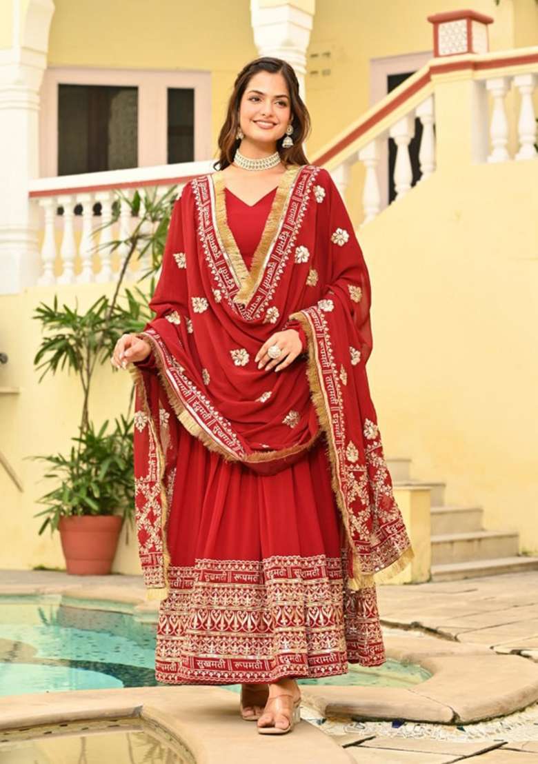 Red Embroidered Faux Blooming Anarkali Set - Indya